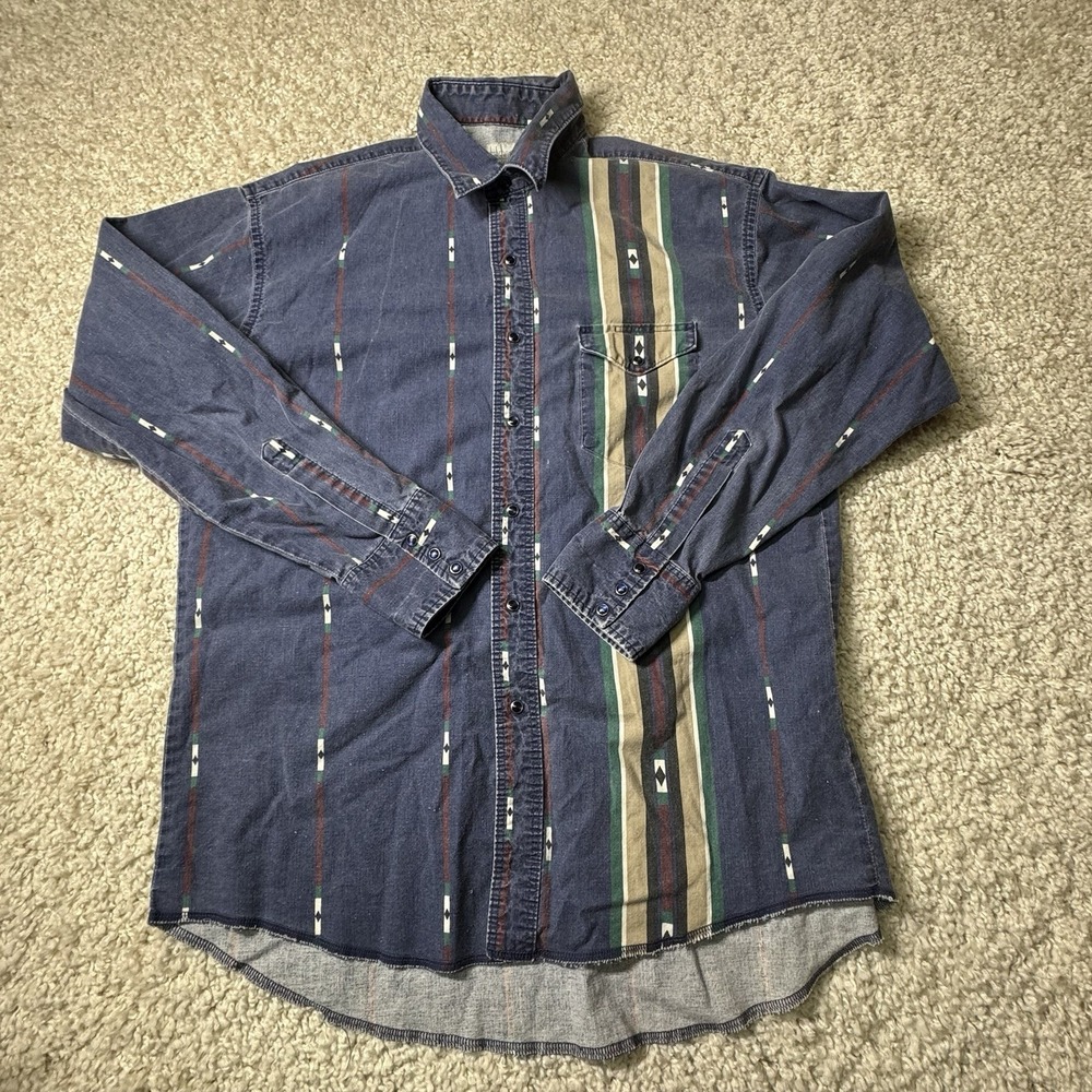 Vintage Express Rider Pearl Snap Shirt Medium Blue‎ Beige Aztec Southwestern 90s